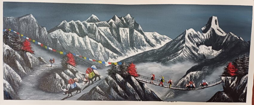 Mt. Everest, Lhotse, Nuptse, and Ama dablam with hillary bridge painting on canvas