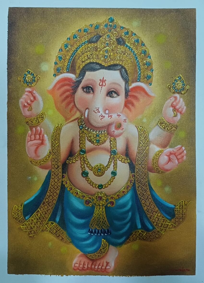 Baby Ganesh Art on cotton canvas.