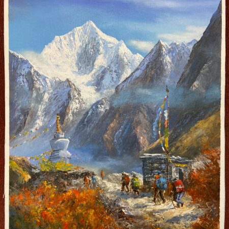 Mt. Langtang with prayer flags and monastery painting on cotton canvas.