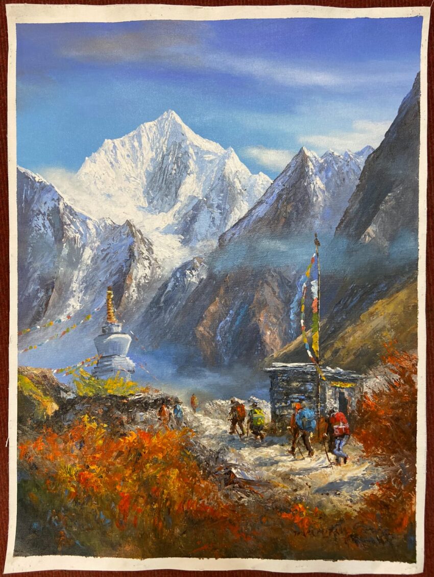 Mt. Langtang with prayer flags and monastery painting on cotton canvas.