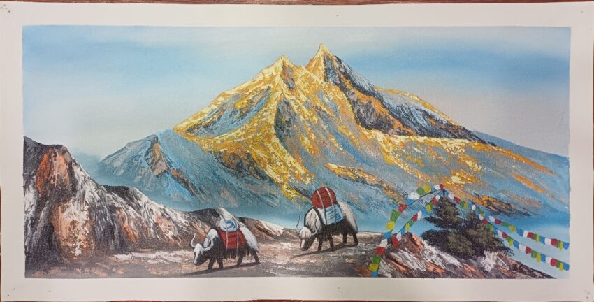 Mt Manaslu with yaks and prayer flags painting on canvas.