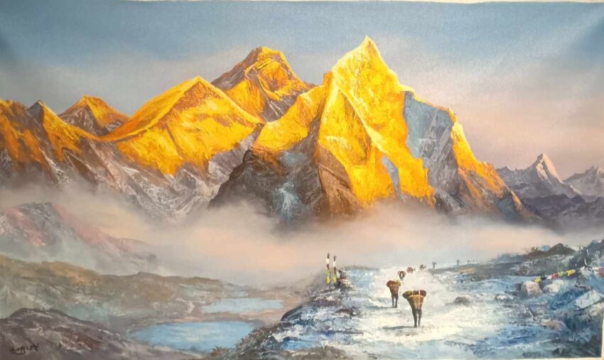 Mt. Everest golden color painting on cotton canvas