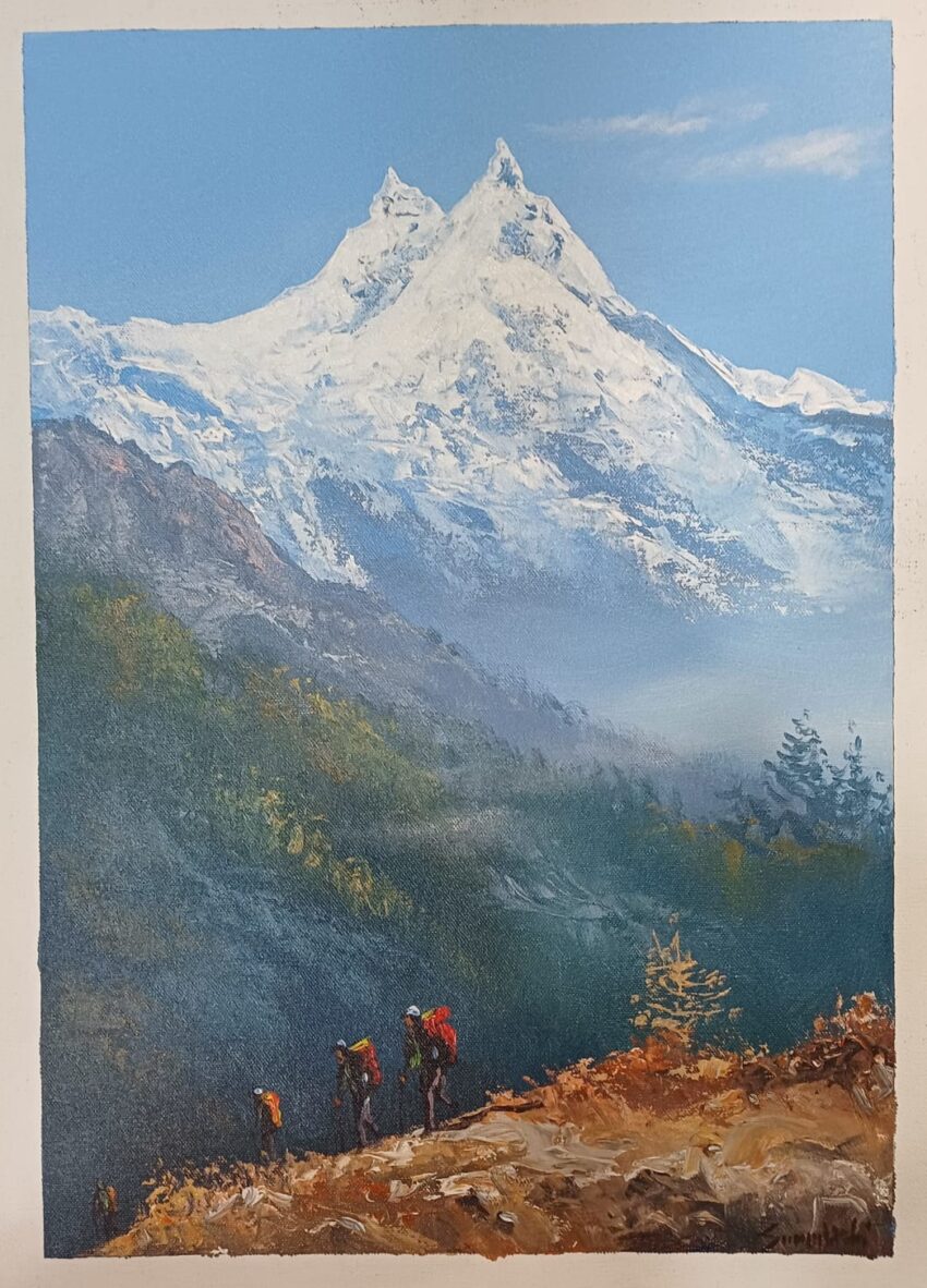 Mt Manaslu with trekkers painting on canvas.