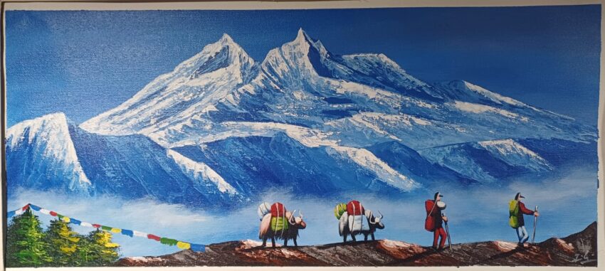 Mt Manaslu with yaks painting on canvas.