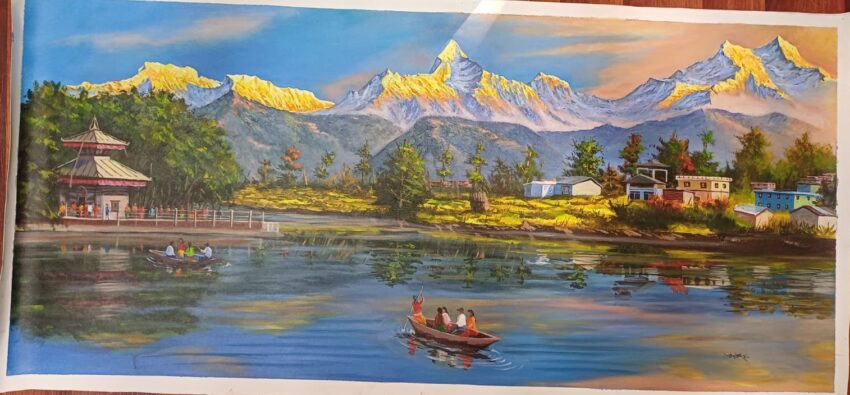 Phewa lake, Barahi temple with Annapurna Himalayas painting on canvas.