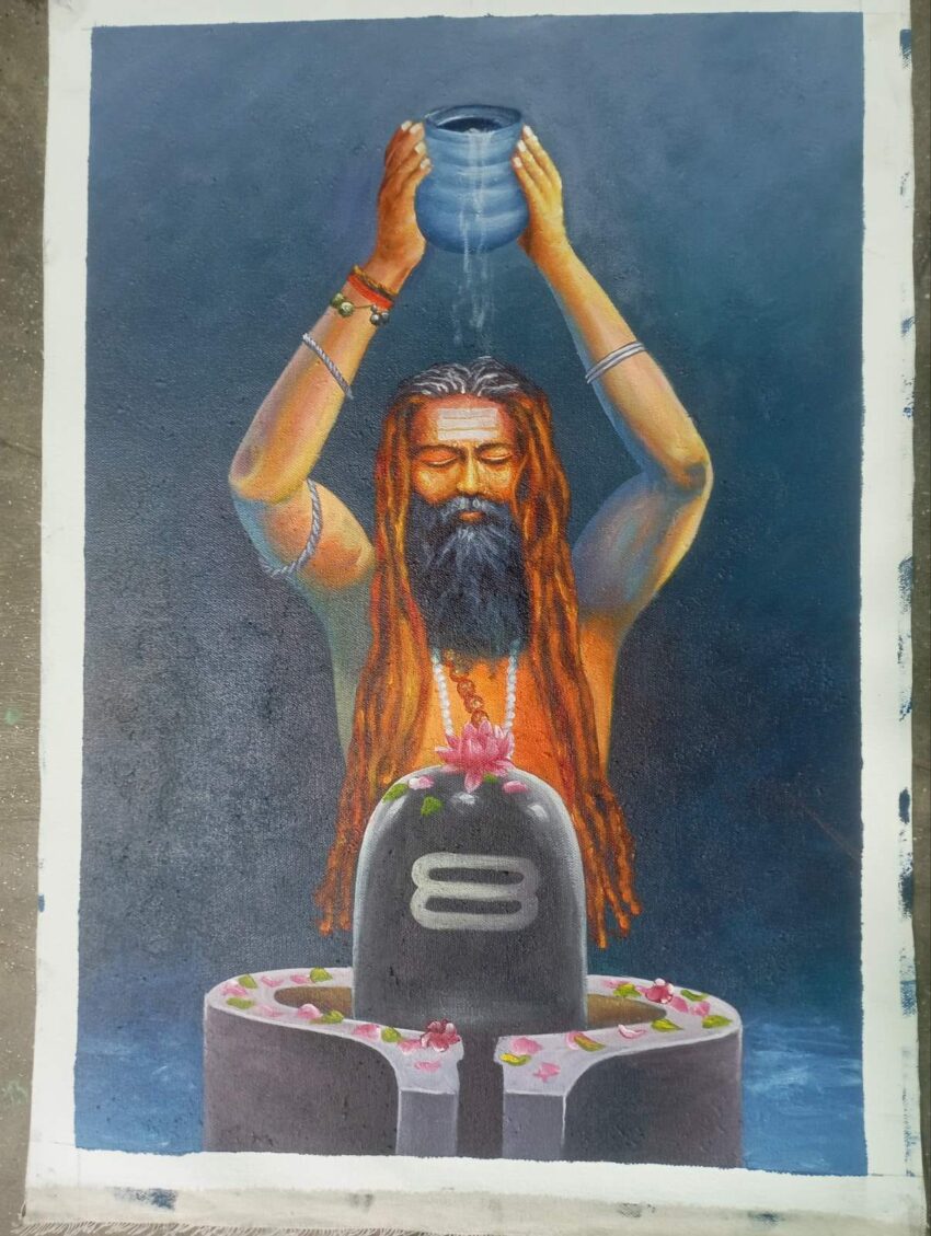 Baba jee with shiva linga painting on canvas.