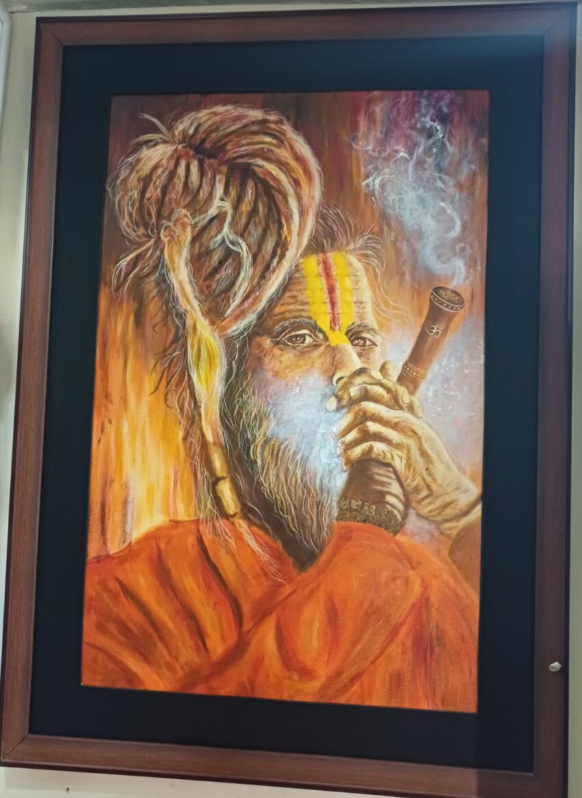 Baba jee with smoking painting on canvas painting.