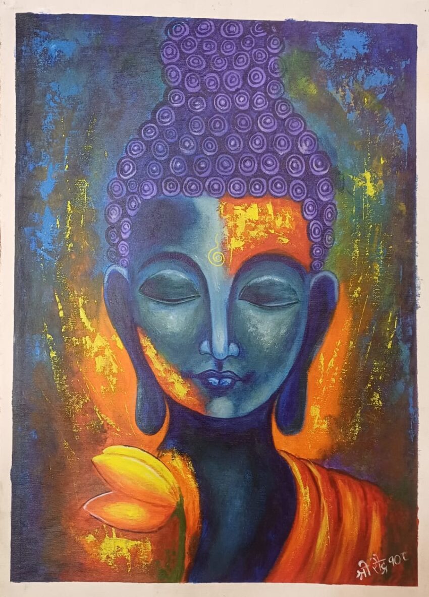 Budhha face painting with close eyes on canvas